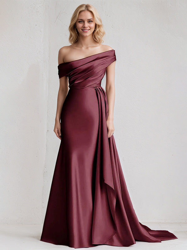 A Line Satin One Shoulder Sleeveless Floor Length Dress