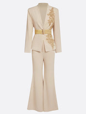 Women Apricot Applique V Neck Long Sleeve Two-Piece Set With Belt