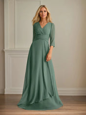 A Line V Neck 3/4 Sleeves Floor-Length Chiffon Dress With Pleated