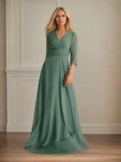 A Line V Neck 3/4 Sleeves Floor-Length Chiffon Dress With Pleated