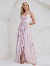 A-Line V-Neck Asymmetrical Chiffon Bridesmaid Dress With Ruffle