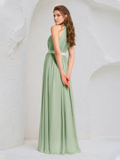 Sage Chiffon A Line Halter Neck Sleeveless Floor Length Bridesmaid Dress