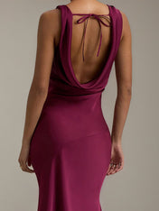 Burgundy Satin Sheath/Column Cowl Neck Sleeveless Floor Length Dress