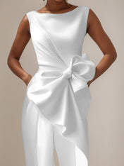 White Stretch Crepe Round Neck Sleeveless Floor Length Pantsuits