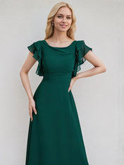 Peacock Chiffon A Line Scoop Short Sleeves Floor Length Bridesmaid Dress With Cascading Ruffles