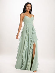 Dusty Sage A-Line V-Neck Ruffles Floor-Length Chiffon Bridesmaid Dress