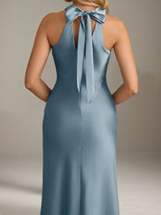 Powder Blue Satin Sheath/Column Halter Neck Sleeveless Ankle Length Bridesmaid Dress