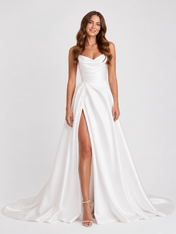 Elegant Cowl Neck Satin A-Line Wedding Dress with High Slit and Sweep Train