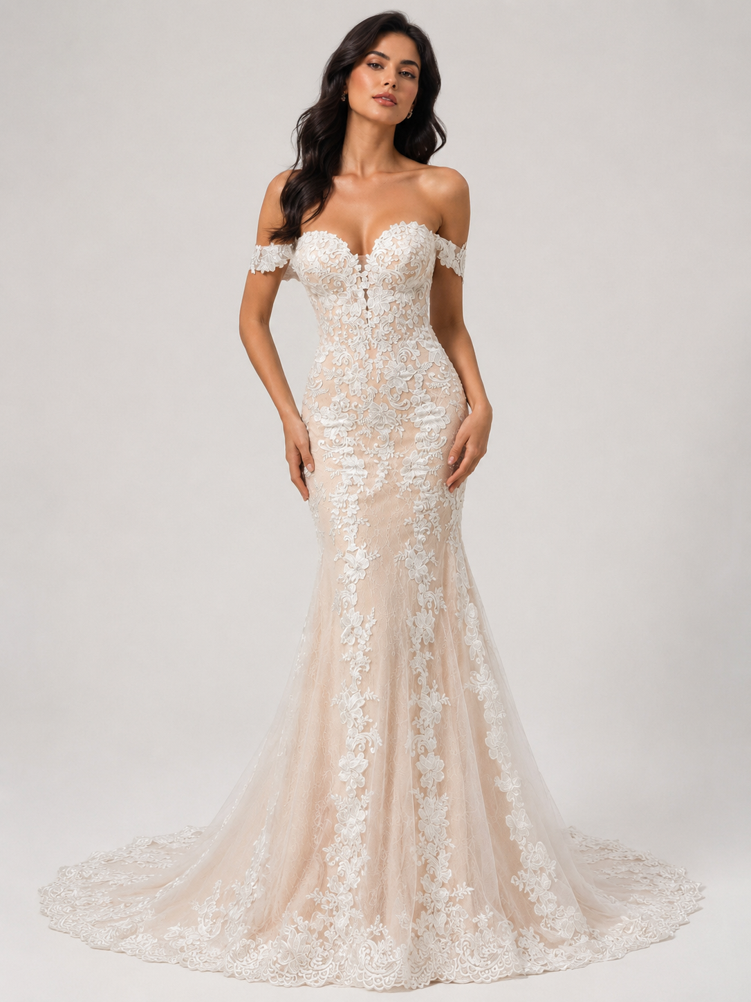 Elegant Off-the-Shoulder Lace Applique Mermaid Wedding Dress with Chapel Train