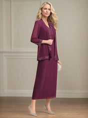 Sheath/Column Chiffon V Neck 3/4 Sleeves Tea Length Mother Of The Bride Dress