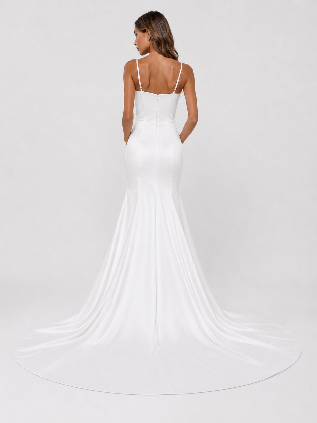 Elegant Square-Neck Ruched Satin Mermaid Wedding Dress with High Slit and Chapel Train