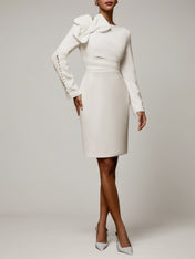 White Bow Long Sleeve Sheath Midi Dress