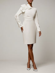 White Bow Long Sleeve Sheath Midi Dress