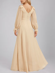 Champagne A-Line V-Neck Floor-Length Chiffon Bridesmaid Dress With Bow