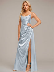 Dusty Blue Sheath/Column Spaghetti Straps Floor-Length Satin Bridesmaid Dress