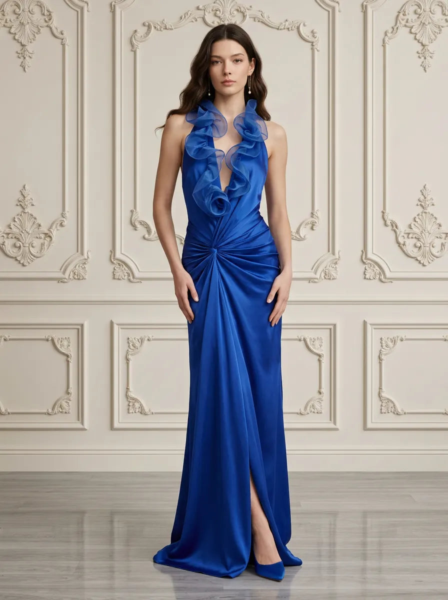 Royal Blue Halter Ruffle Plunge Evening Dress with Slit
