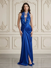 Royal Blue Halter Ruffle Plunge Evening Dress with Slit