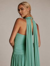 Green A Line Chiffon Halter Neck Sleeveless Floor Length Dresses