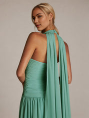 Green A Line Chiffon Halter Neck Sleeveless Floor Length Dresses