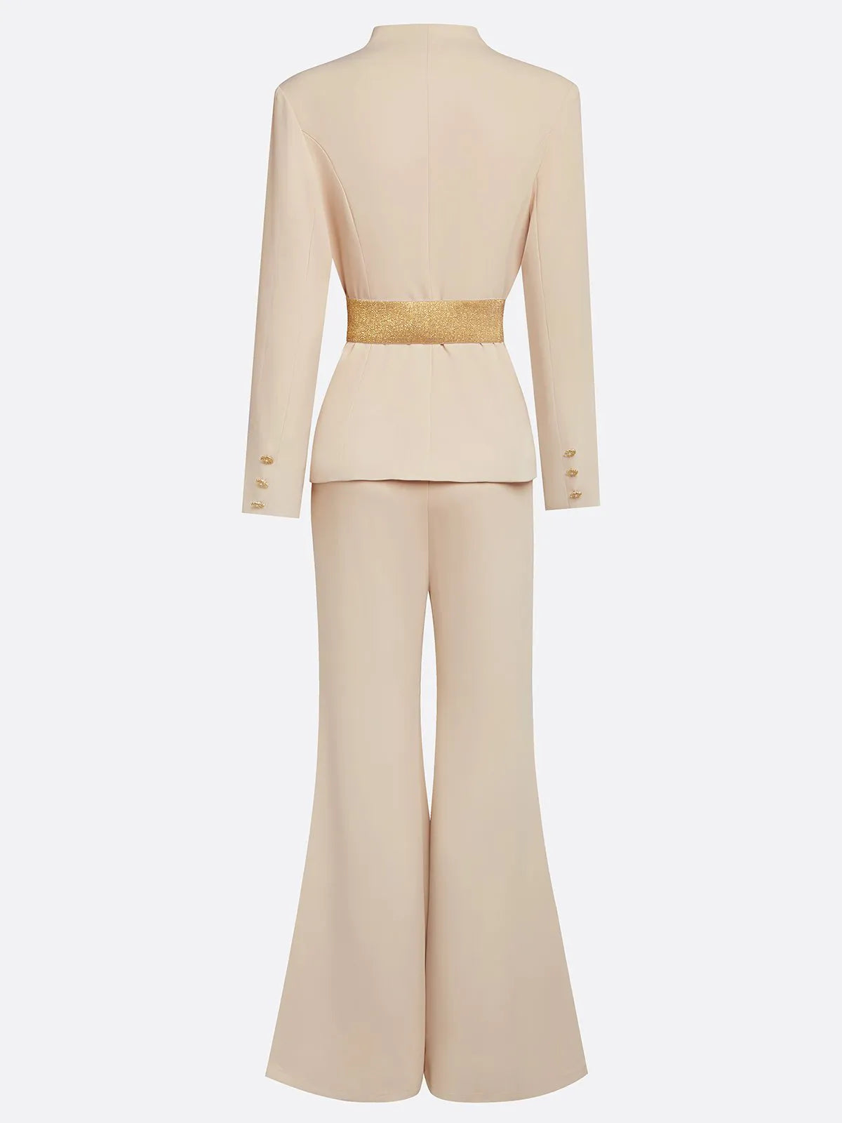 Women Apricot Applique V Neck Long Sleeve Two-Piece Set With Belt