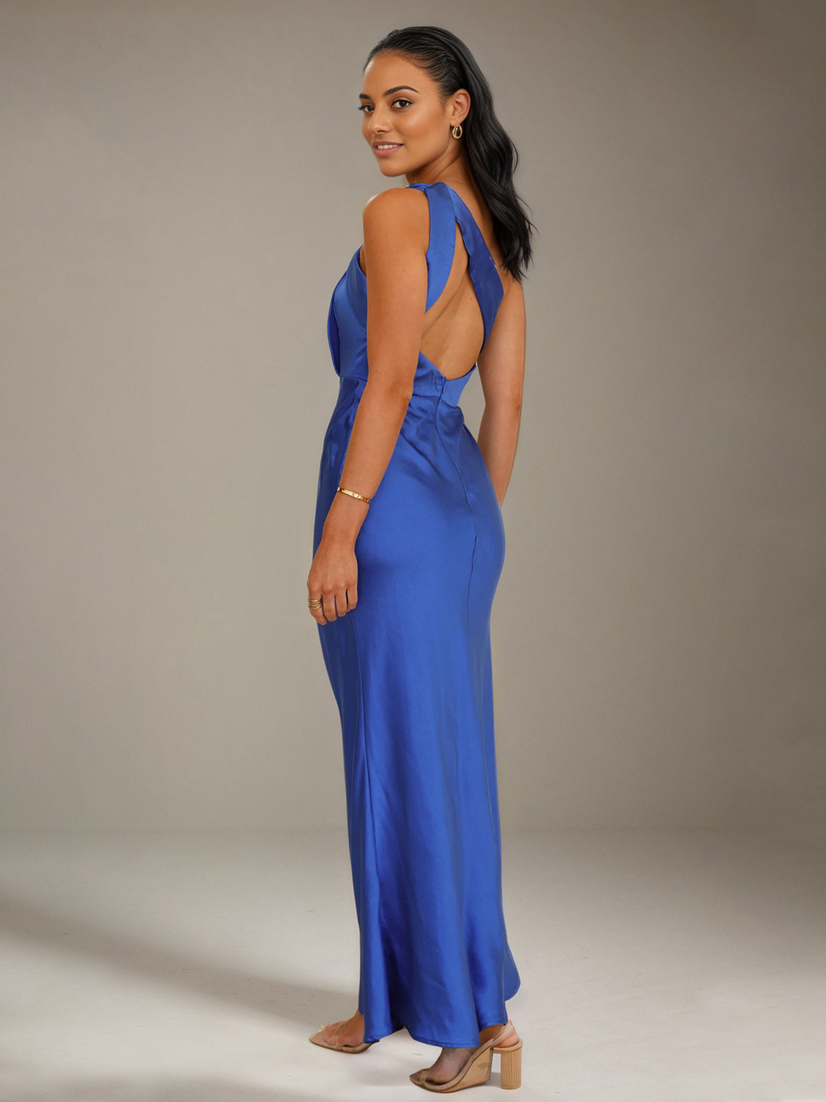 Cobalt Blue Satin Sheath/Column One shoulder Ankle Length Bridesmaid Dresses