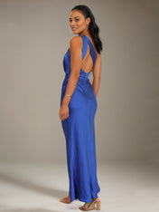 Cobalt Blue Satin Sheath/Column One shoulder Ankle Length Bridesmaid Dresses