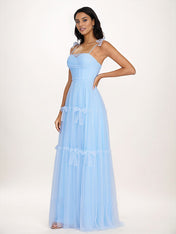 Sky Blue Tulle A Line Spaghetti Straps Floor Length Sleeveless Bridesmaid Dress With Bow