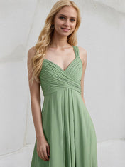 Dreamylily Women Basil A-Line V-Neck Floor-Length Chiffon Bridesmaid Dress  With Ruffle
