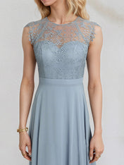 Dusty Blue Chiffon A Line Scoop Sleeveless Floor Length Bridesmaid Dress With Appliques