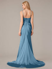Steel Blue Sheath/Column Satin Spaghetti Straps Sleeveless Floor Length Dresses