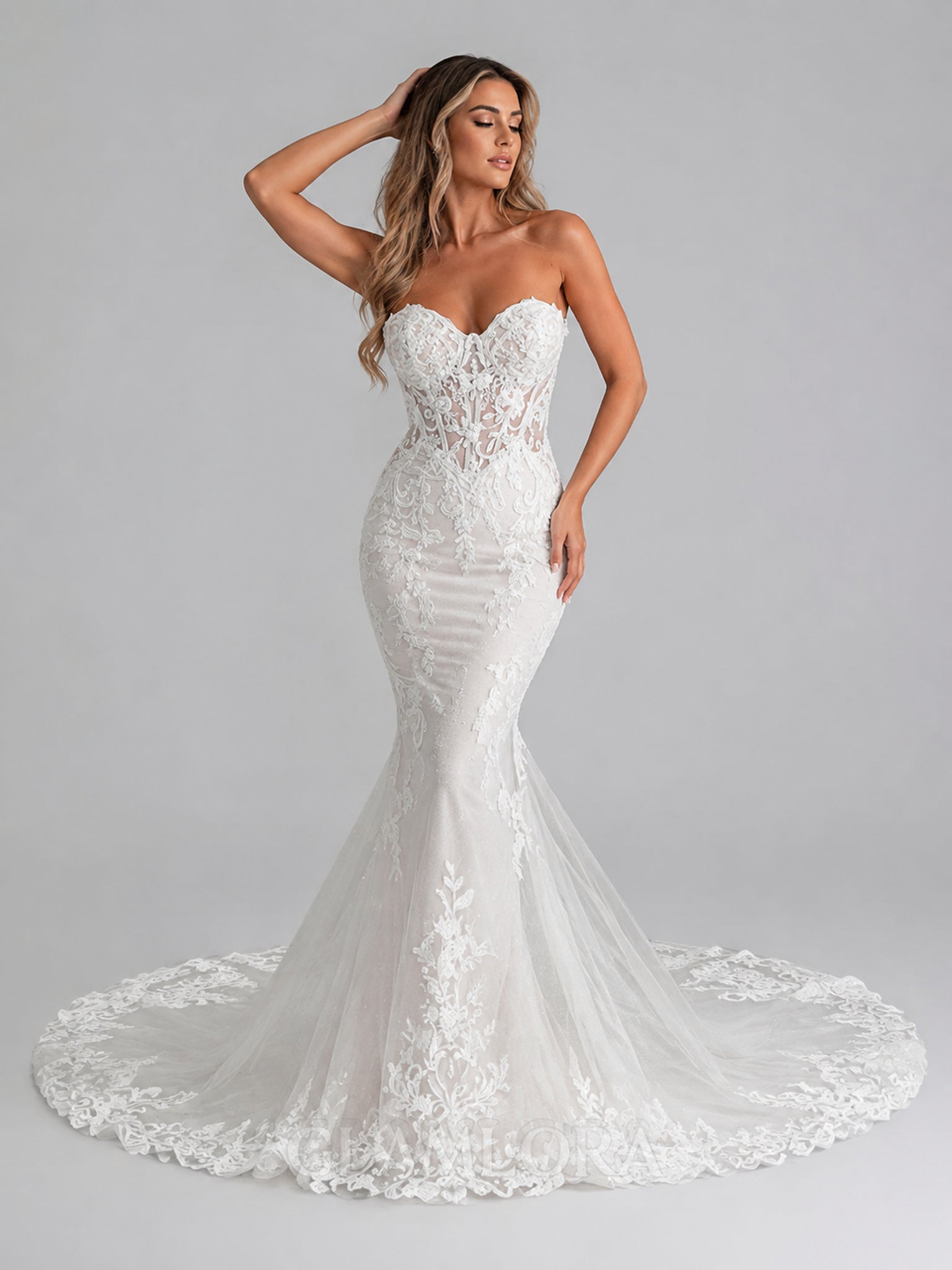 Elegant Strapless Sweetheart Illusion Lace Mermaid Wedding Dress with Cathedral Train