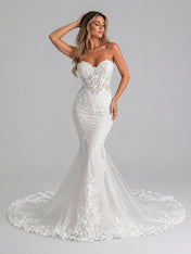 Elegant Strapless Sweetheart Illusion Lace Mermaid Wedding Dress with Cathedral Train