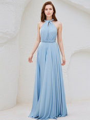Sky Blue Chiffon A Line V Neck Sleeveless Floor Length Bridesmaid Dress