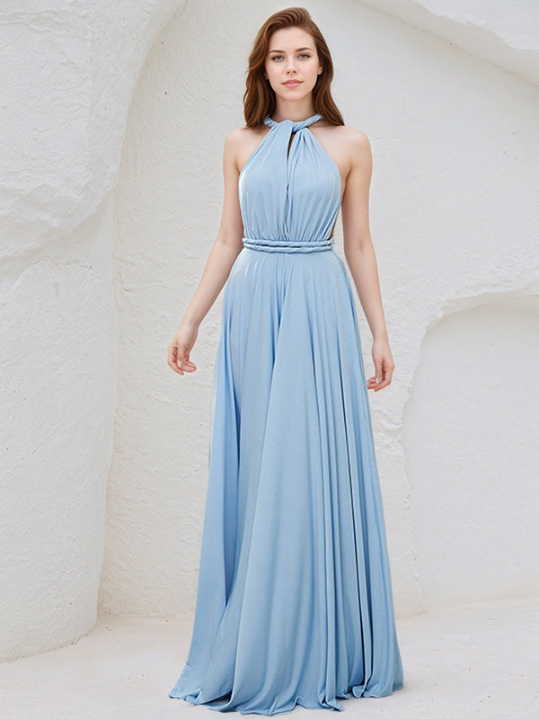 Sky Blue Chiffon A Line V Neck Sleeveless Floor Length Bridesmaid Dress
