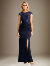 Trumpet/Mermaid Stretch Crepe Scoop Neck Cape Sleeve Floor Length Dress
