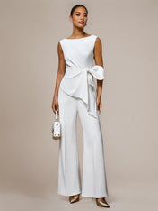 White Stretch Crepe Round Neck Sleeveless Floor Length Pantsuits