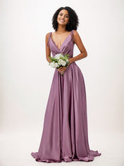 Wisteria A-Line Satin Ruffles V-Neck Sleeveless Floor Length Bridesmaid Dresses