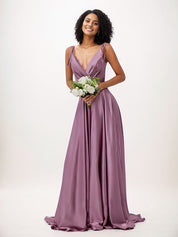 Wisteria A-Line Satin Ruffles V-Neck Sleeveless Floor Length Bridesmaid Dresses