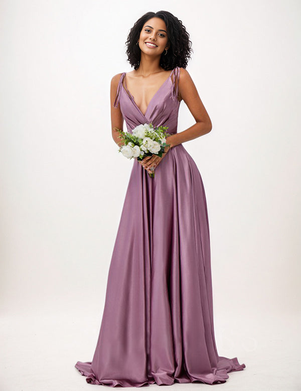 Wisteria A-Line Satin Ruffles V-Neck Sleeveless Floor Length Bridesmaid Dresses