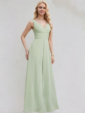 Celadon Chiffon Jumpsuit/Pantsuit V Neck Sleeveless Floor Length Bridesmaid Dress