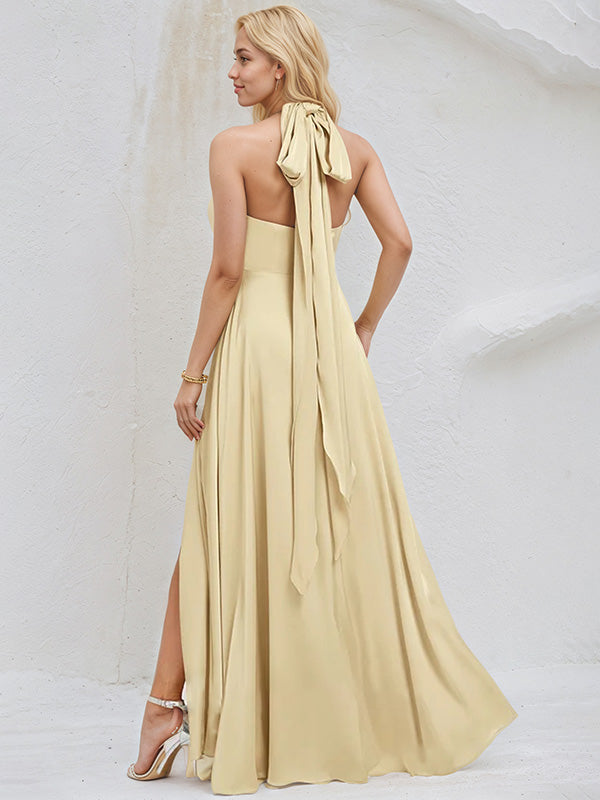 Champagne Satin A Line V Neck Short Sleeves Floor Length Bridesmaid Dress