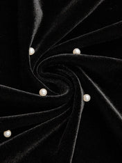 Black Beaded Mock Neck Three Quarter Sleeve A-Line Maxi Velvet Dress