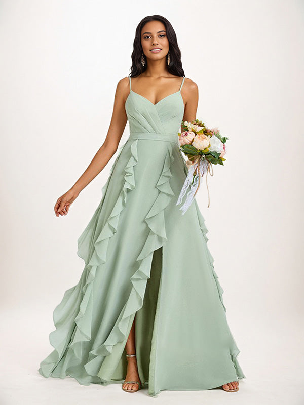 Dusty Sage A-Line V-Neck Ruffles Floor-Length Chiffon Bridesmaid Dress