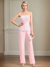 Chiffon Off The Shoulder Sleeveless Floor Length Mother of the Bride Pantsuits With Appliques