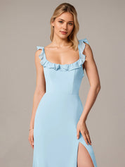 Sheath/Column Chiffon Off The Shoulder Sleeveless Floor Length Dresses With Ruffles