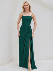 Emerald Chiffon A Line Spaghetti Straps Sleeveless Floor Length Bridesmaid Dress