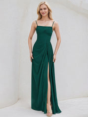 Emerald Chiffon A Line Spaghetti Straps Sleeveless Floor Length Bridesmaid Dress