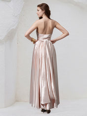 Pearl Pink Satin A Line Halter Neck Sleeveless Asymmetrical Bridesmaid Dress
