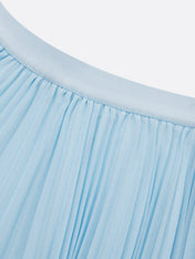 Women Light Blue Tweed Pleated Buckle Lapel Collar Short Sleeve Dressy Top With Skirt Two-Piece Set