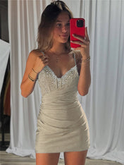 Beaded V Neck Corset Bodice Homecoming Dress